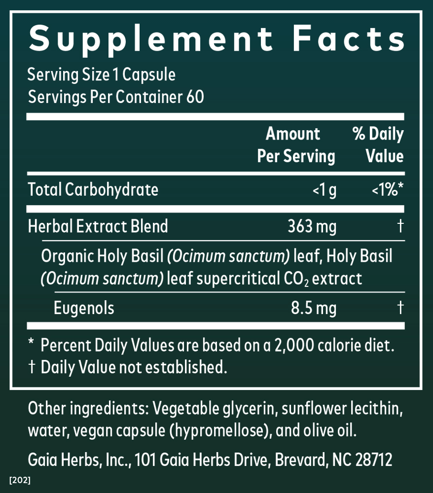 Gaia Herbs Holy Basil Capsules for Stress Support || 60 ct Supplement Facts Panel