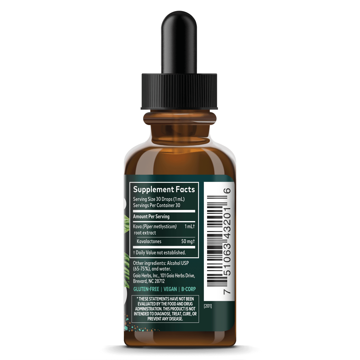 Gaia Herbs Kava Root for Stress Support || 1 oz Supplement Facts Bottle Panel