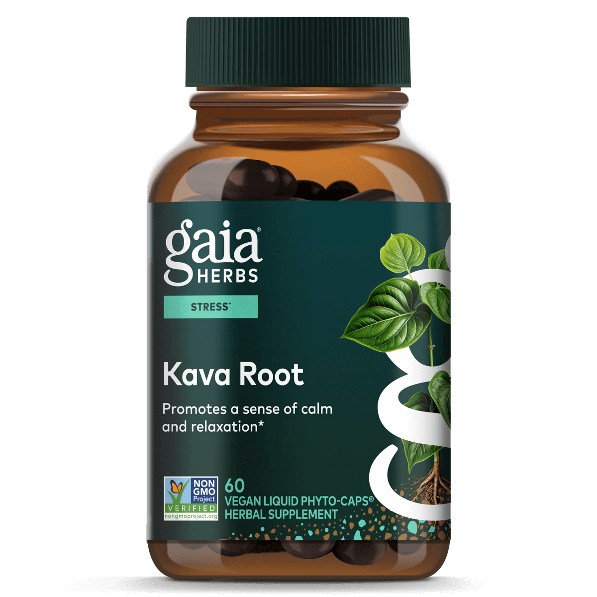Kava Root 60 Count Front Of Bottle Rendering with Non-GMO status