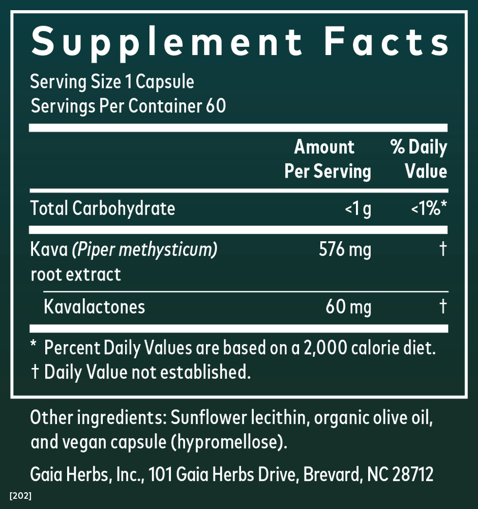 Kava Root 60 Count Supplement Facts Panel