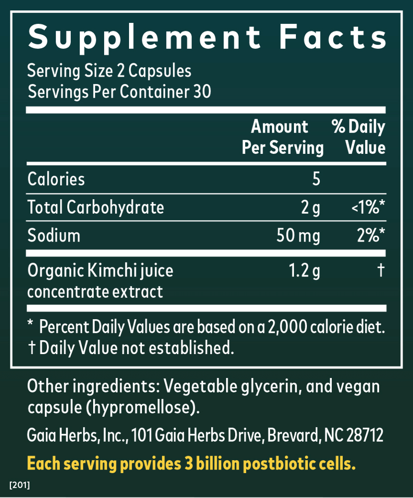 Gaia Herbs Kimchi Postbiotic || 60 ct Supplement Facts Panel