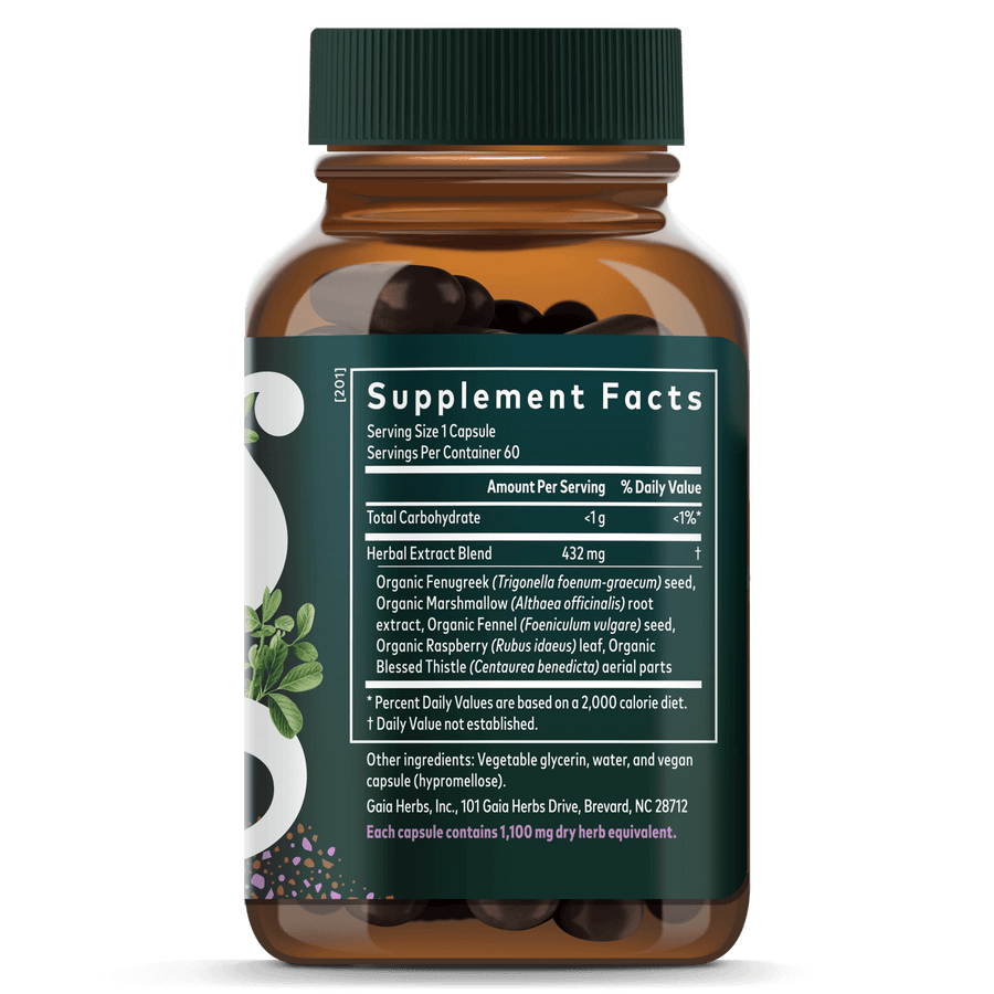 Gaia Herbs Lactation Support for Women || 60 ct Supplement Facts Bottle Label