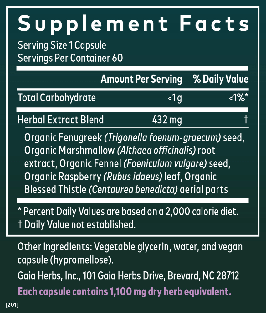 Gaia Herbs Lactation Support for Women || 60 ct Supplement Facts Label