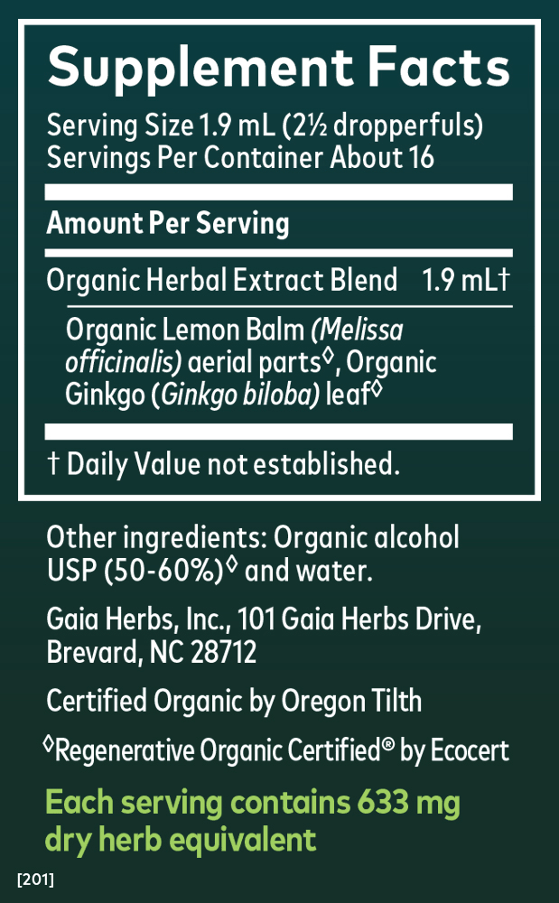 Gaia Herbs Lemon Balm & Ginkgo Extract, Certified Organic for Brain Health || 1 oz Supplement Facts Panel