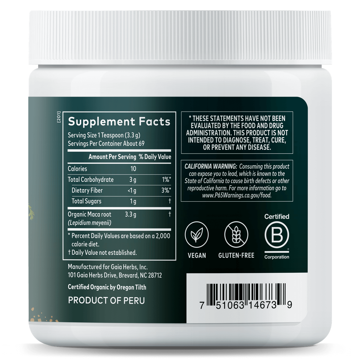 Gaia Herbs Maca Powder for Energy Support || 8 ounce Supplement Facts Panel