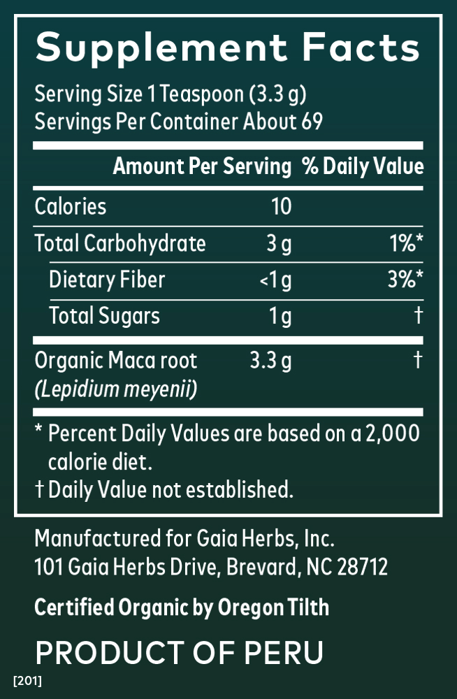 Gaia Herbs Maca Powder for Energy Support || 8 ounce Supplement Facts