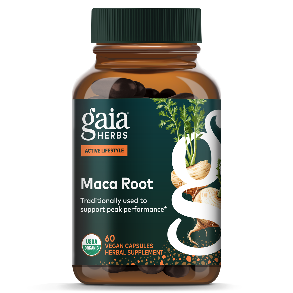 Maca Root 60 Count Front Of Bottle Rendering