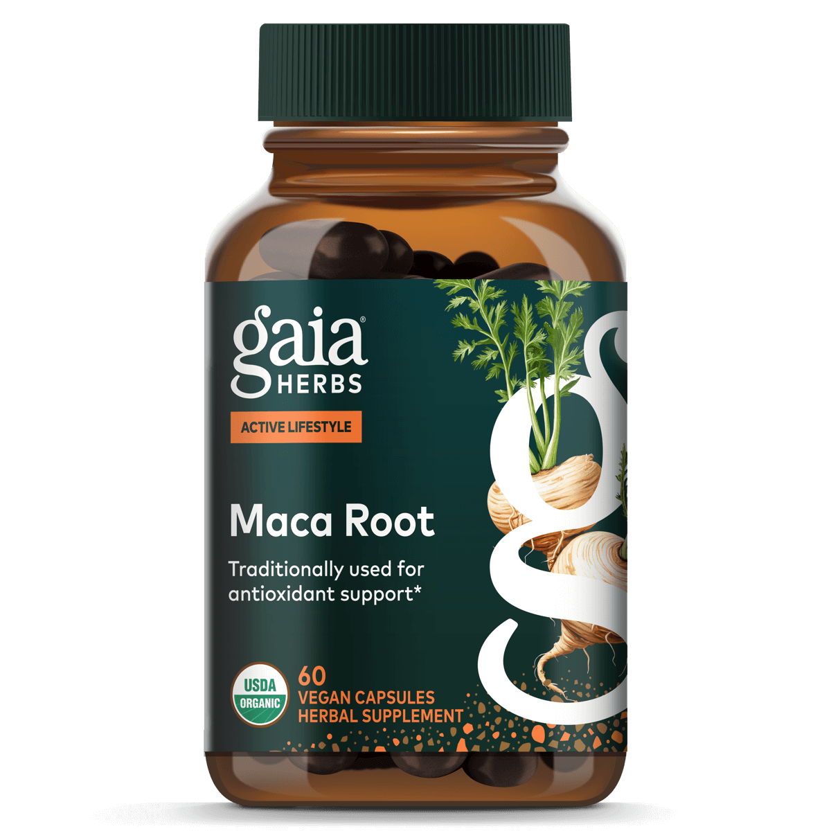 Maca Root 60 Count Front Of Bottle Rendering