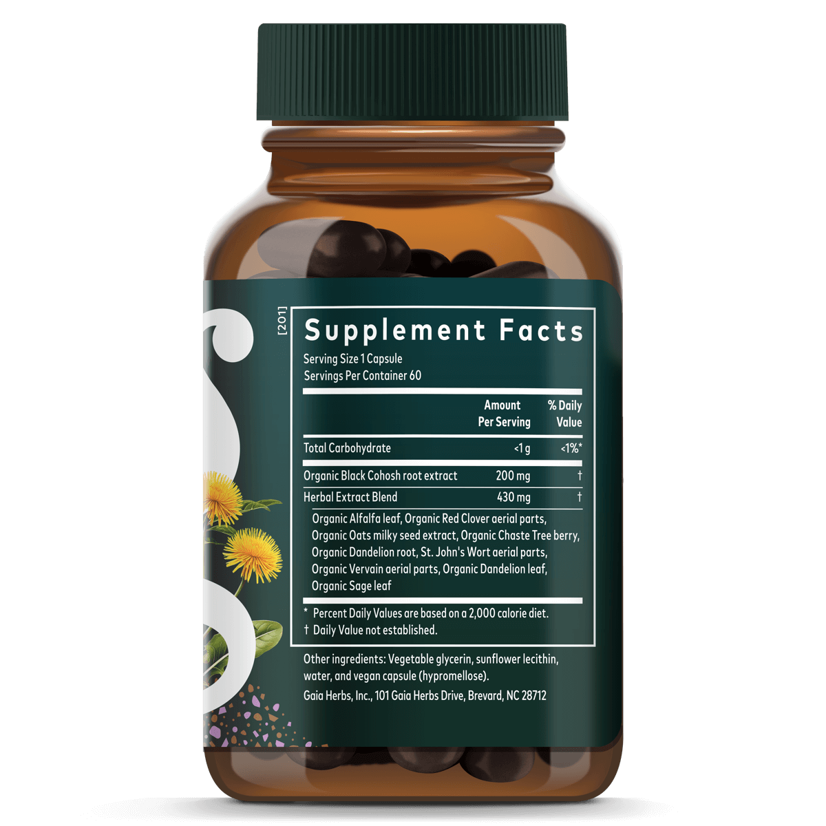 Gaia Herbs Menopause Support Daytime supplement || 60ct Supplement Facts Bottle Panel