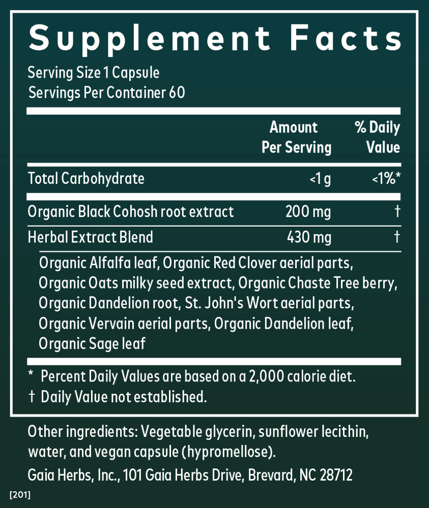 Gaia Herbs Menopause Support Daytime supplement || 60ct Supplement Facts Panel