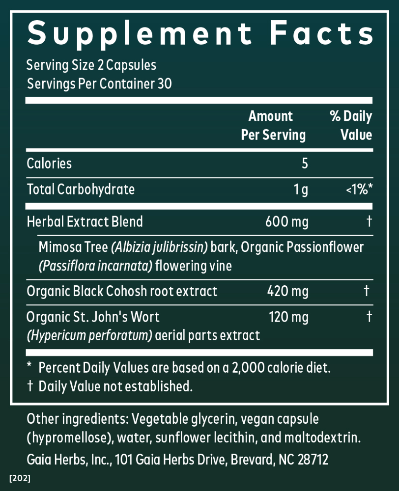 Gaia Herbs Menopause Support Nighttime for Women || 60 ct Supplement Facts Panel