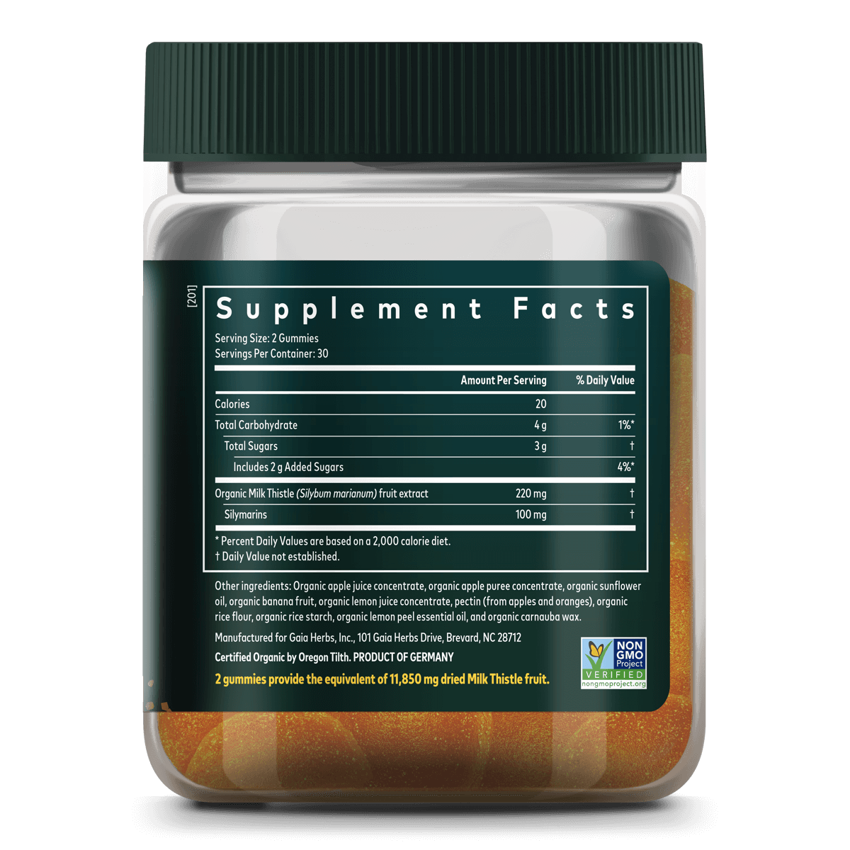 Gaia Herbs Milk Thistle Gummies || 60 ct Supplement Facts Bottle Panel