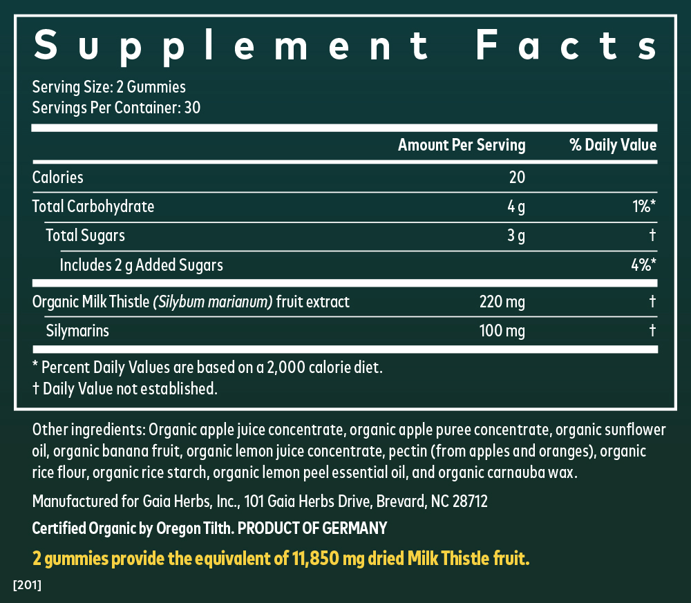 Gaia Herbs Milk Thistle Gummies || 60 ct Supplement Facts Panel