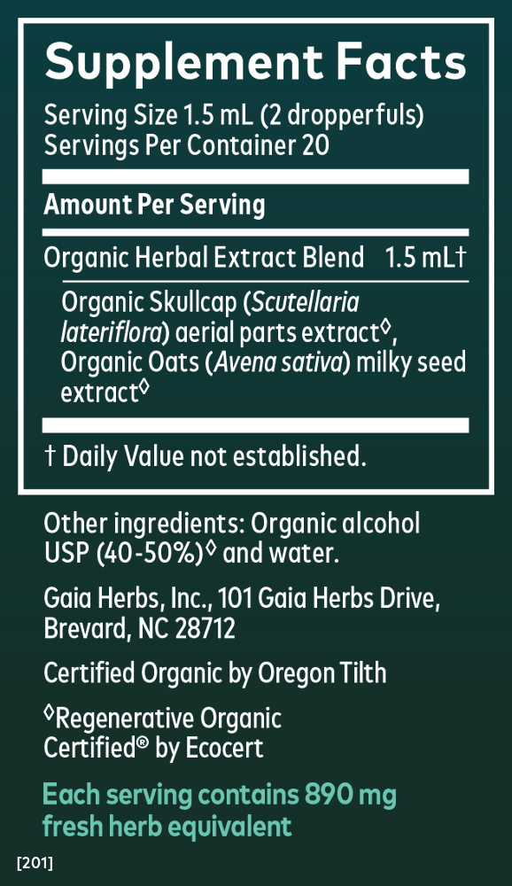 Gaia Herbs Milky Oats & Skullcap Extract, Certified Organic for Stress Support || 1 oz Supplement Facts Panel