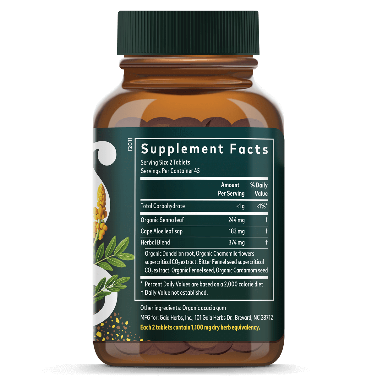Gaia Herbs Natural Laxative 90 count Supplement Facts bottle panel