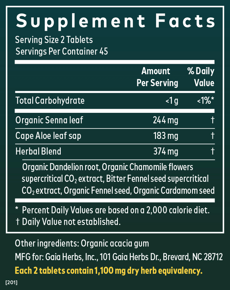 Gaia Herbs Natural Laxative 90 count Supplement Facts panel