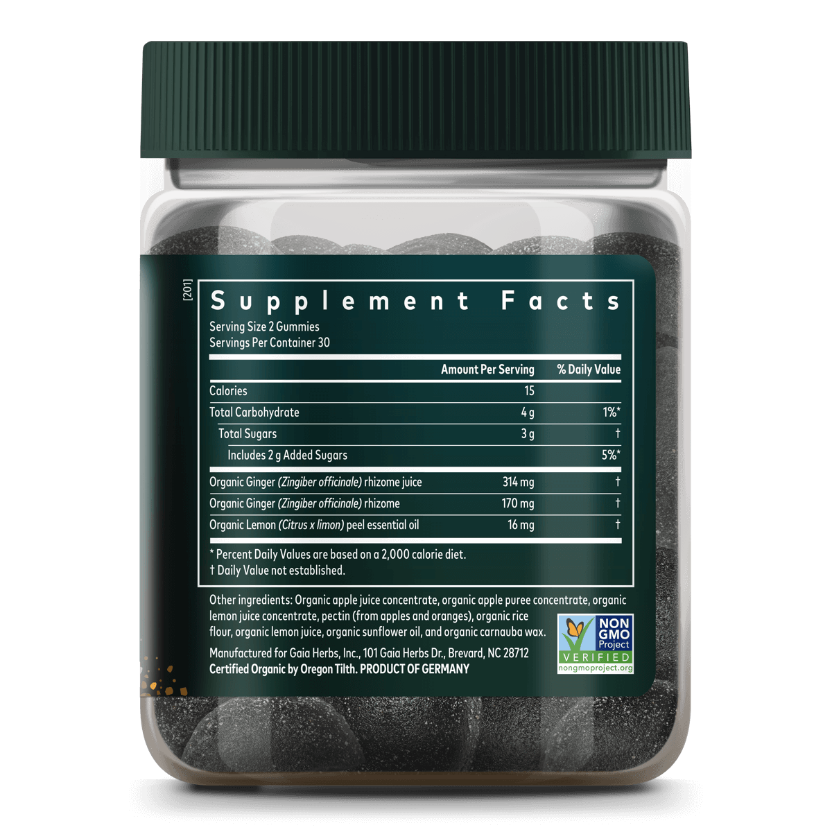 Gaia Herbs Nausea Gummies || 60 ct Supplement Facts Bottle Label