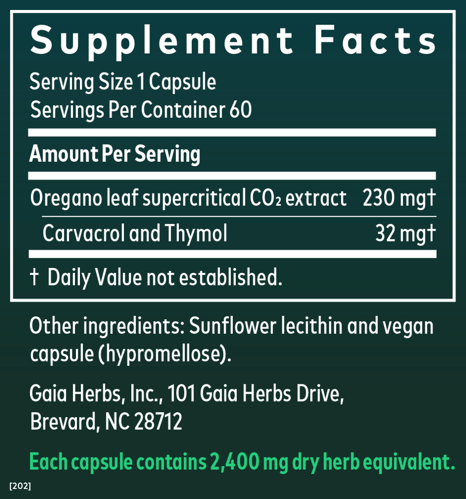 Supplement facts label for a capsule containing oregano leaf supercritical CO2 extract and other herbs on a green background.