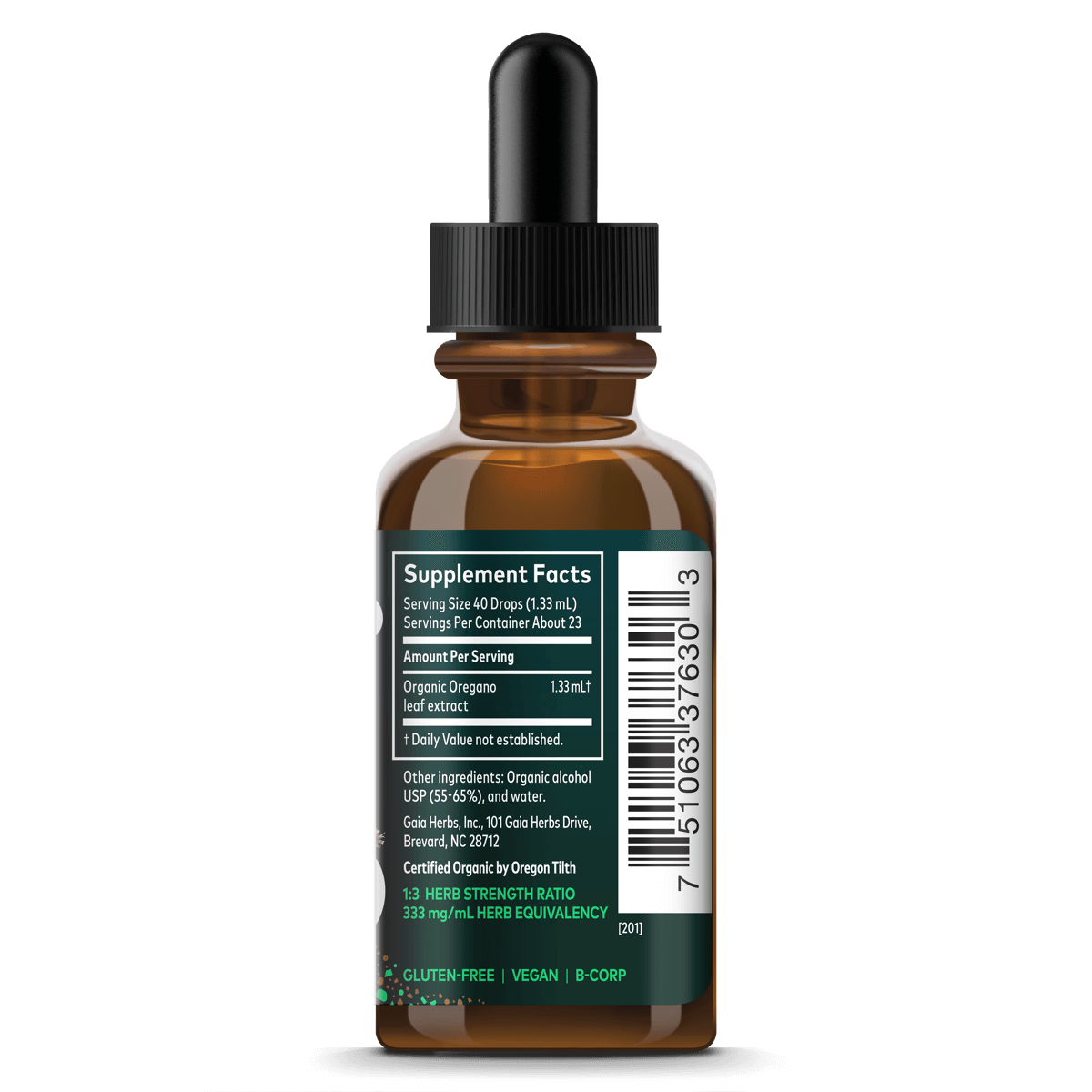 Gaia Herbs Oregano Extract, Certified Organic for Immune Support || 1 oz Supplement Facts Bottle Panel