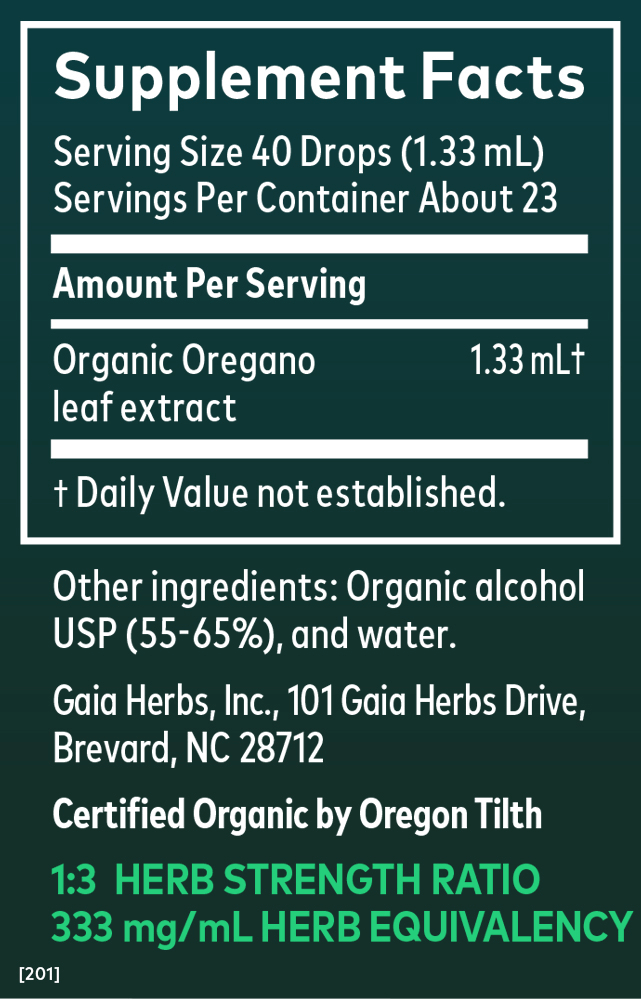 Gaia Herbs Oregano Extract, Certified Organic for Immune Support || 1 oz Supplement Facts Panel