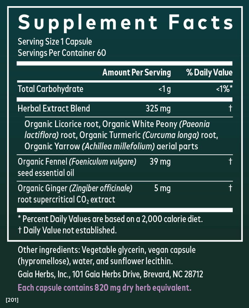 Gaia Herbs Cramp Relief for Women || 60 ct Supplement Facts Label