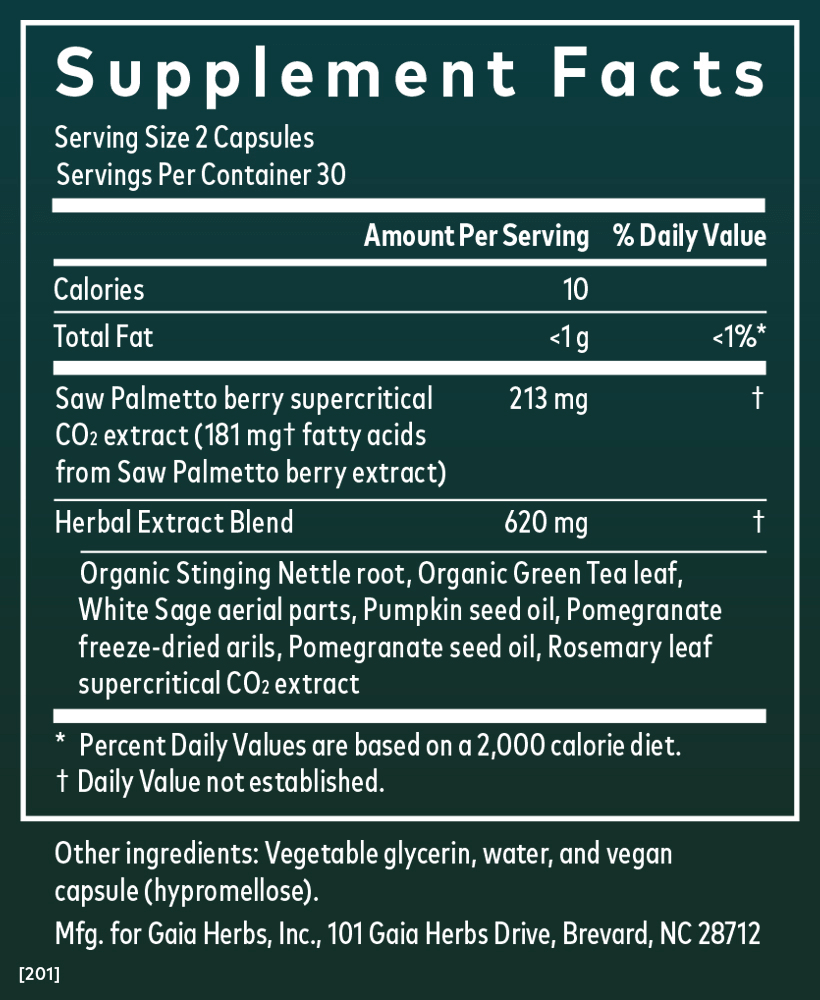 Gaia Herbs Prostate Health for Men || 60 ct Supplement Facts Panel