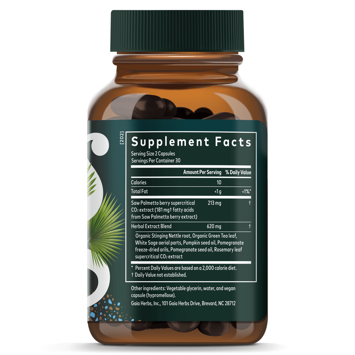 Gaia Herbs Prostate Health for Men || 60 ct Supplement Facts Bottle Panel
