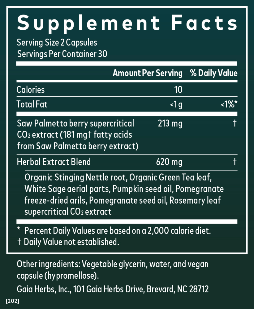 Gaia Herbs Prostate Health for Men || 60 ct Supplement Facts Panel