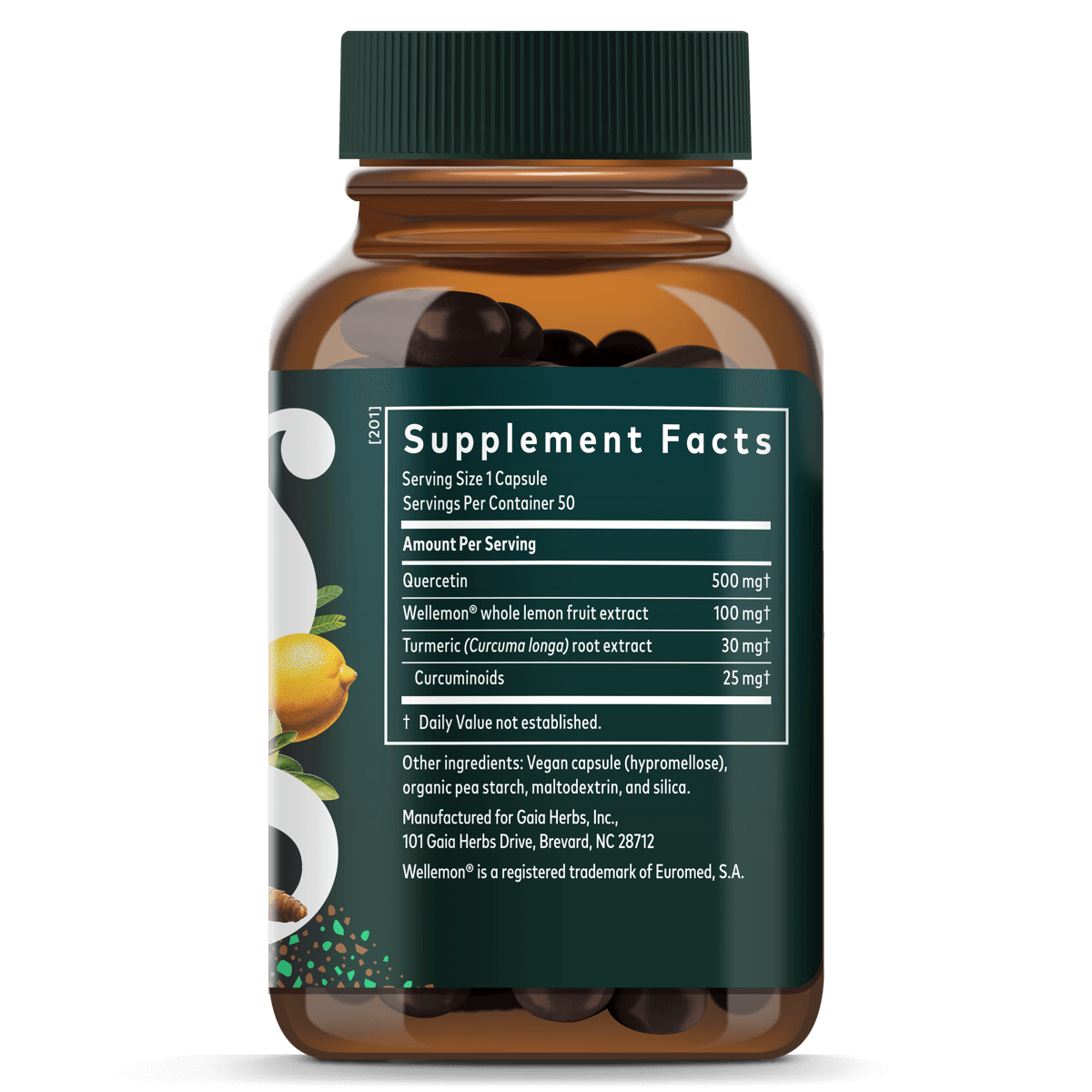 Gaia Herbs Quercetin Synergy Vegan Capsules || 50 ct Supplement Facts Bottle Panel