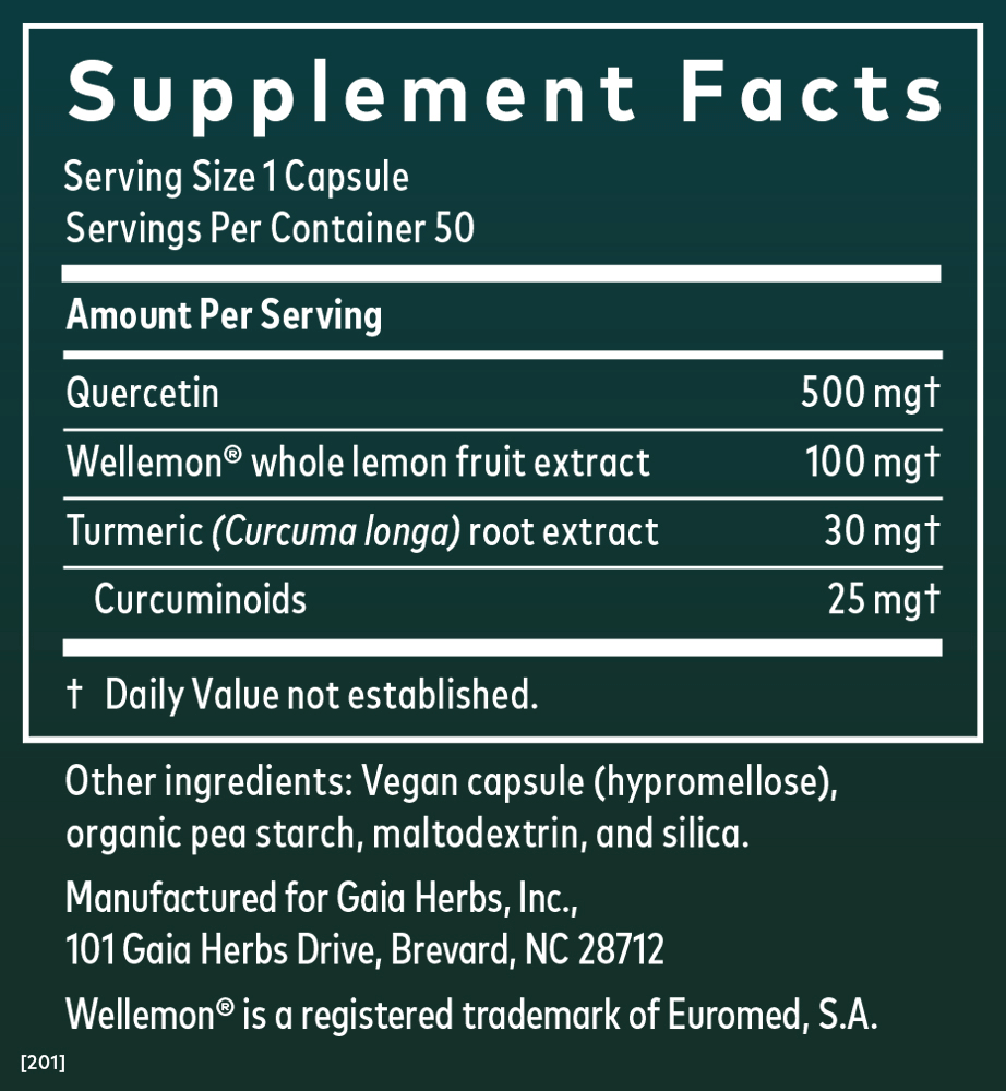 Gaia Herbs Quercetin Synergy Vegan Capsules || 50 ct Supplement Facts Panel