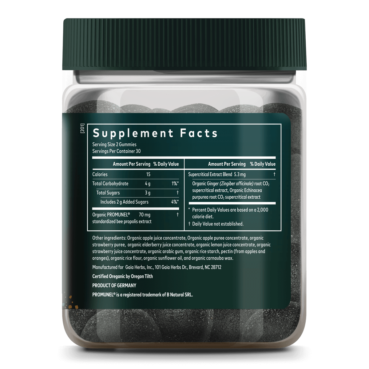 Gaia Herbs Immune Rapid Defense Gummies || 60 ct Supplement Facts Bottle Panel