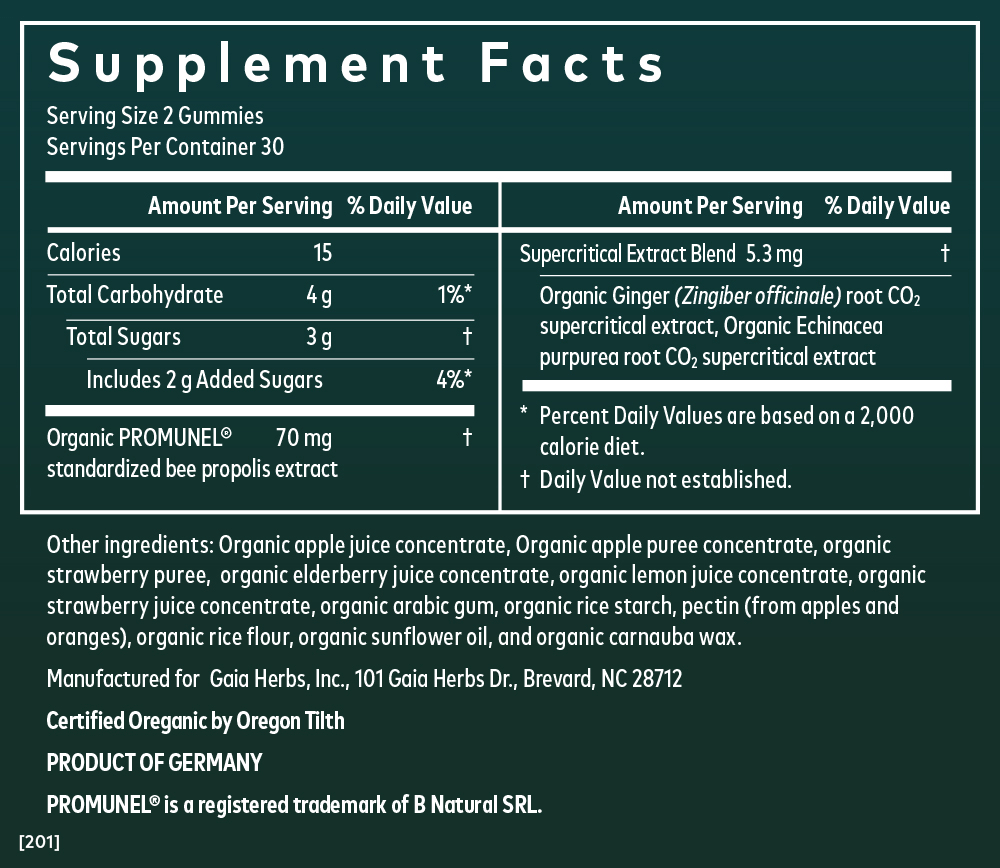 Gaia Herbs Immune Rapid Defense Gummies || 60 ct Supplement Facts Panel