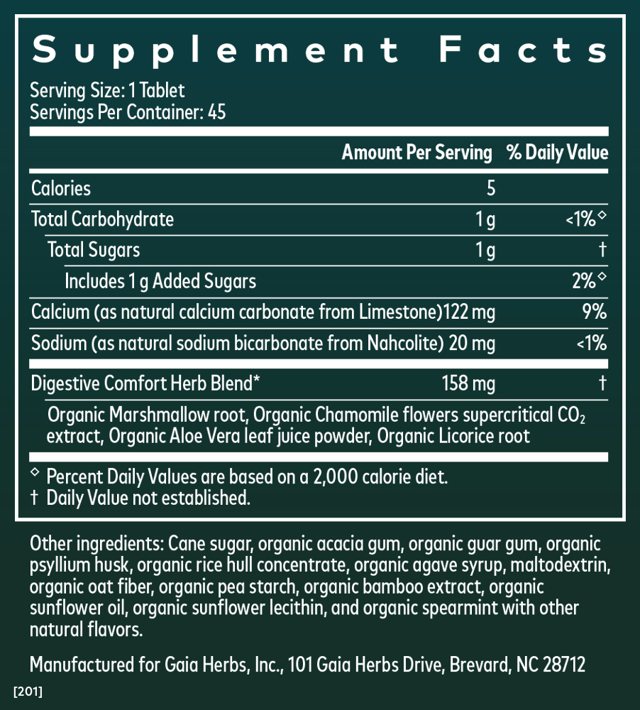Gaia Herbs Reflux Relief for Digestive Support || 45 ct Supplement Facts Panel