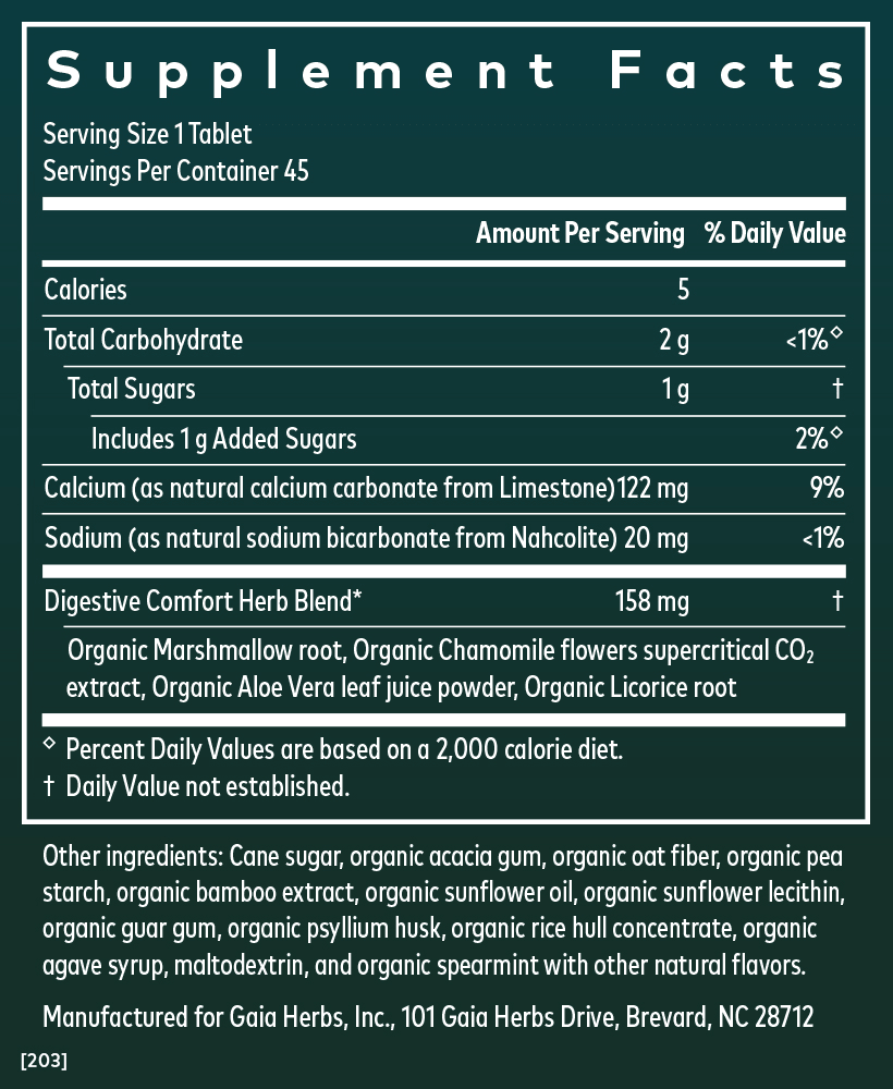 Gaia Herbs Reflux Relief for Digestive Support || 45 ct Supplement Facts Panel