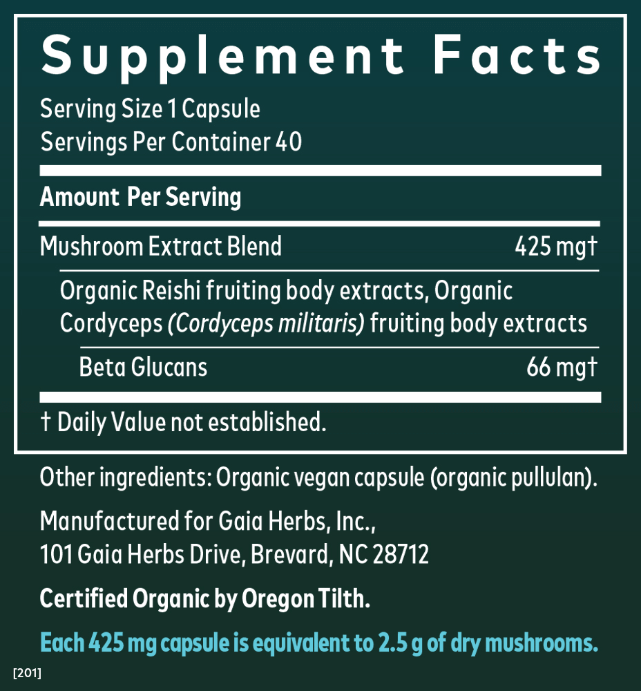 Gaia Herbs Reishi & Cordyceps formerly Respiratory Mushroom Blend || 40 ct Supplement Facts Panel