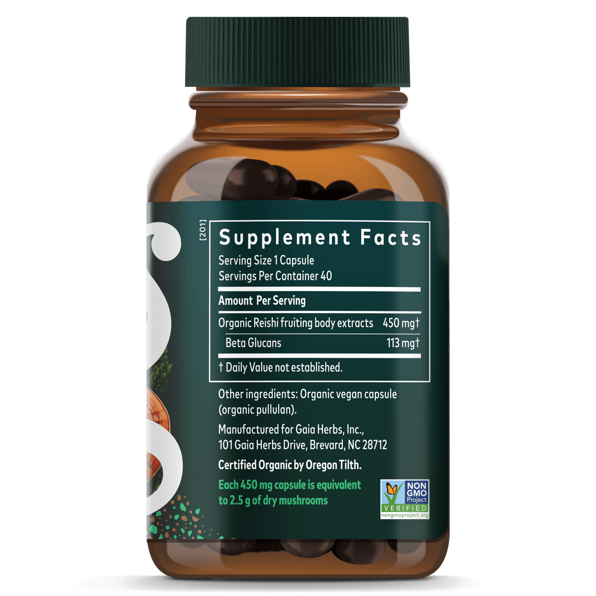 Gaia Herbs Reishi Mushroom Extract || 40 ct Supplement Facts Bottle Panel