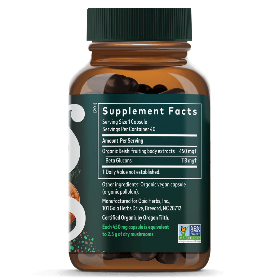 Gaia Herbs Reishi Mushroom Extract || 40 ct Supplement Facts Bottle Panel
