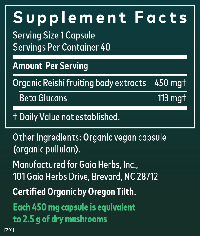 Gaia Herbs Reishi Mushroom Extract || 40 ct Supplement Facts Panel
