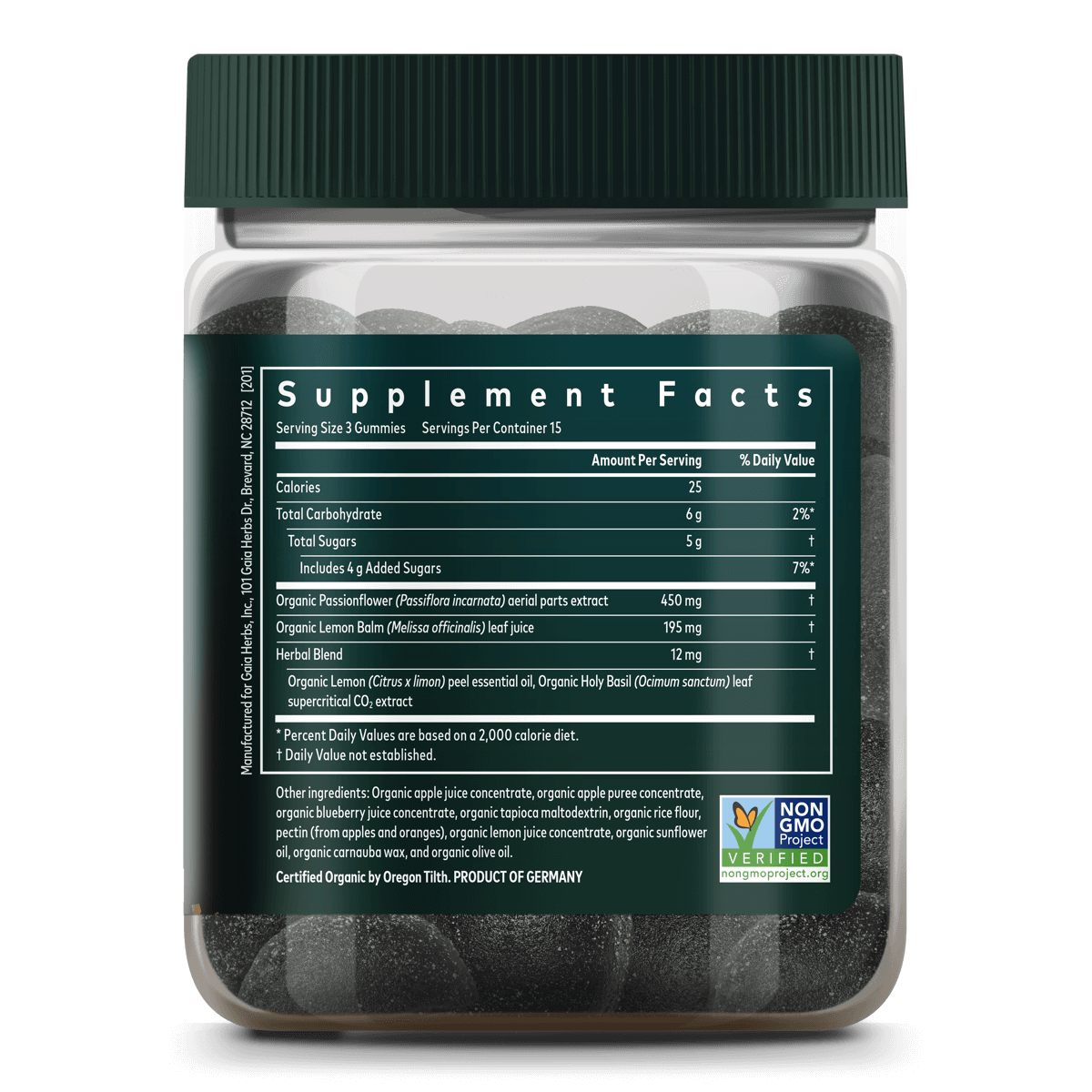 Gaia Herbs Relax Gummies || 45 ct Supplement Facts Bottle Panel