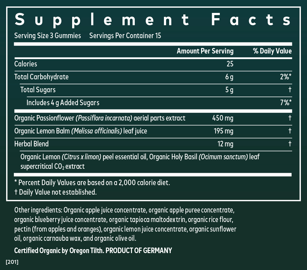 Gaia Herbs Relax Gummies || 45 ct Supplement Facts Panel