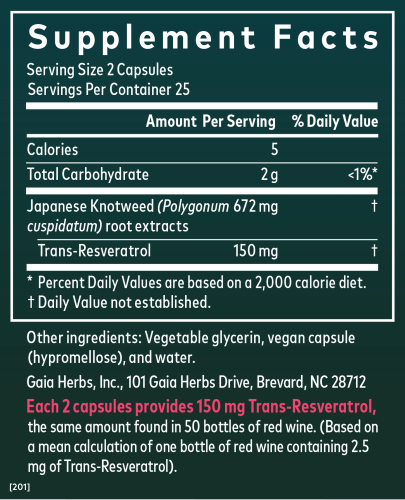Gaia Herbs Resveratrol supplement 150 mg for Heart Support 50 ct Supplement Facts Panel