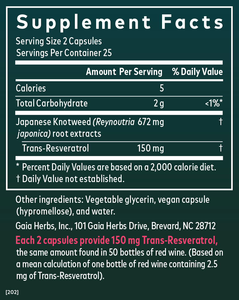 Gaia Herbs Resveratrol supplement 150 mg for Heart Support 50 ct Supplement Facts Panel