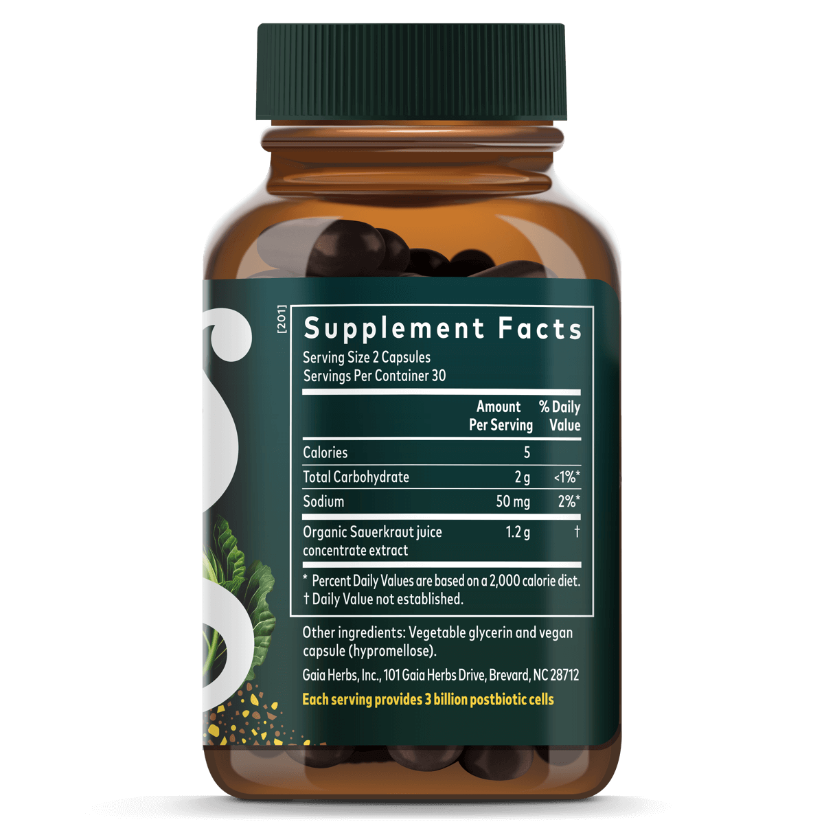 Gaia Herbs Sauerkraut Postbiotic || 60 ct Supplement Facts Bottle Panel