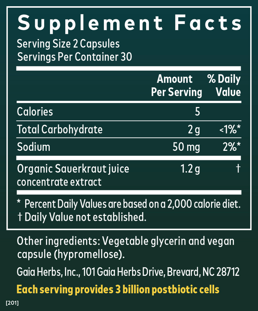 Gaia Herbs Sauerkraut Postbiotic || 60 ct Supplement Facts panel