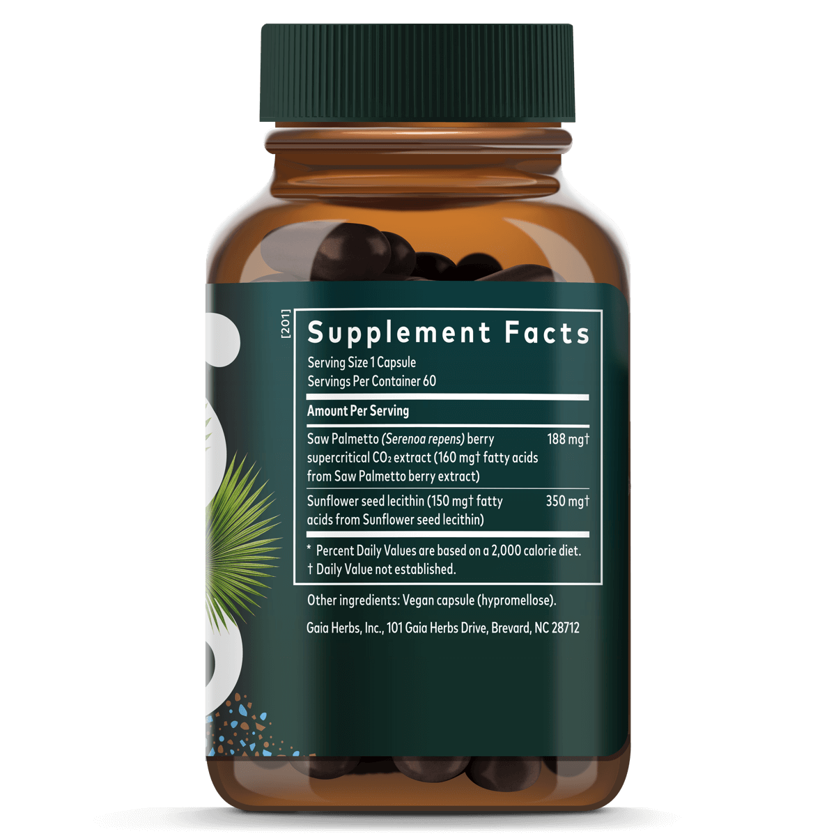 Gaia Herbs Saw Palmetto Pills for Men || 60 ct Supplement Facts Bottle Panel