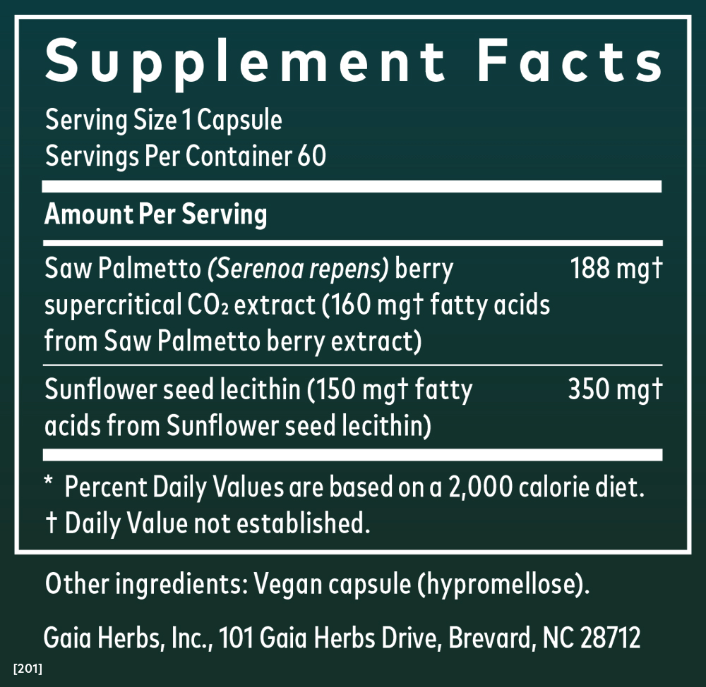 Gaia Herbs Saw Palmetto Pills for Men || 60 ct Supplement Facts Panel