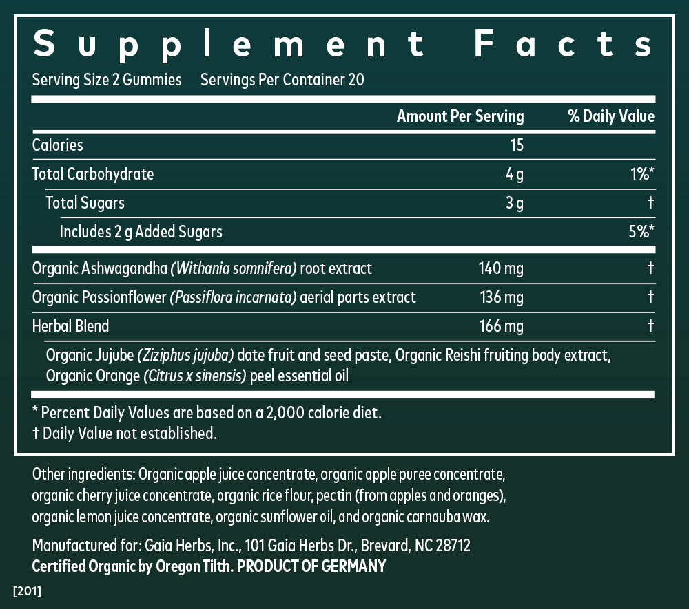 Gaia Herbs Sleep Gummies || 40 ct Supplement Facts Panel