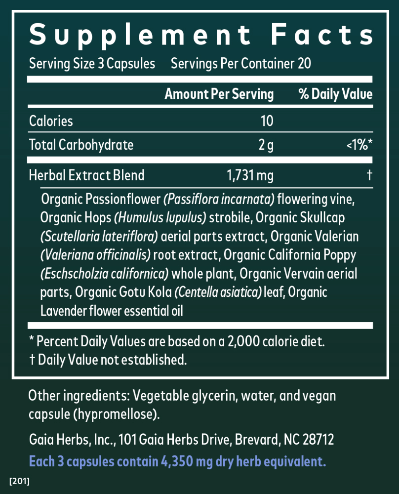 Gaia Herbs Sound Sleep for Sleep Support 60 ct Supplement Facts Panel