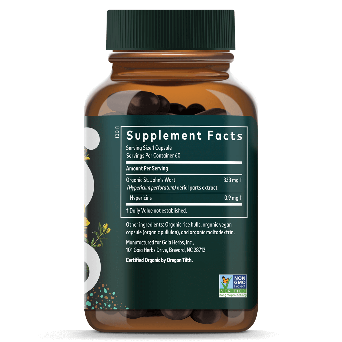 Gaia Herbs St. John's Wort for Stress Support || 60 ct Supplement Facts Bottle Panel