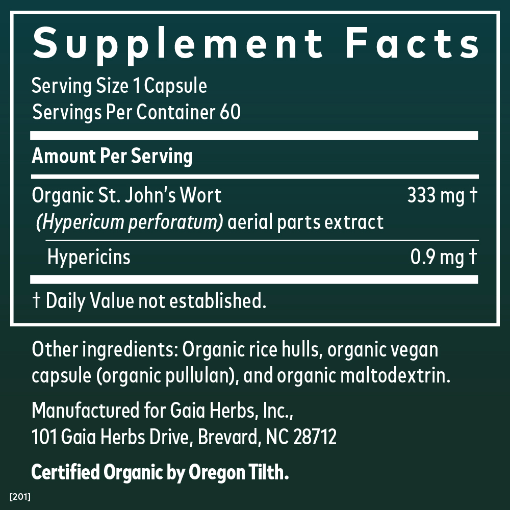 Gaia Herbs St. John's Wort for Stress Support || 60 ct Supplement Facts Panel